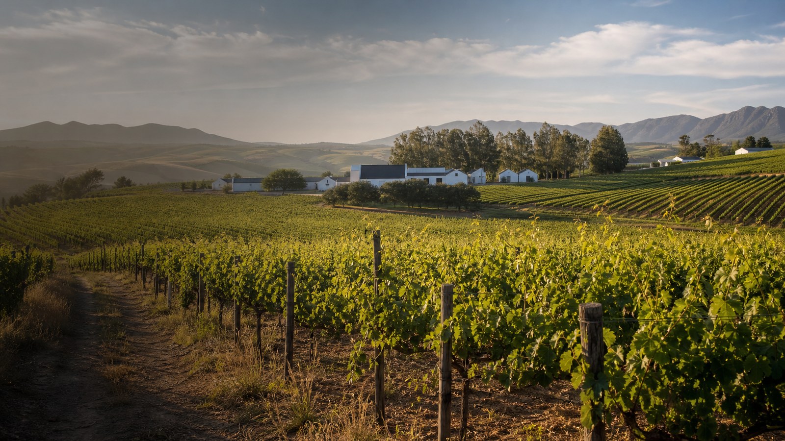 Vineyard rows and working farm buildings in a Cape agricultural landscape.