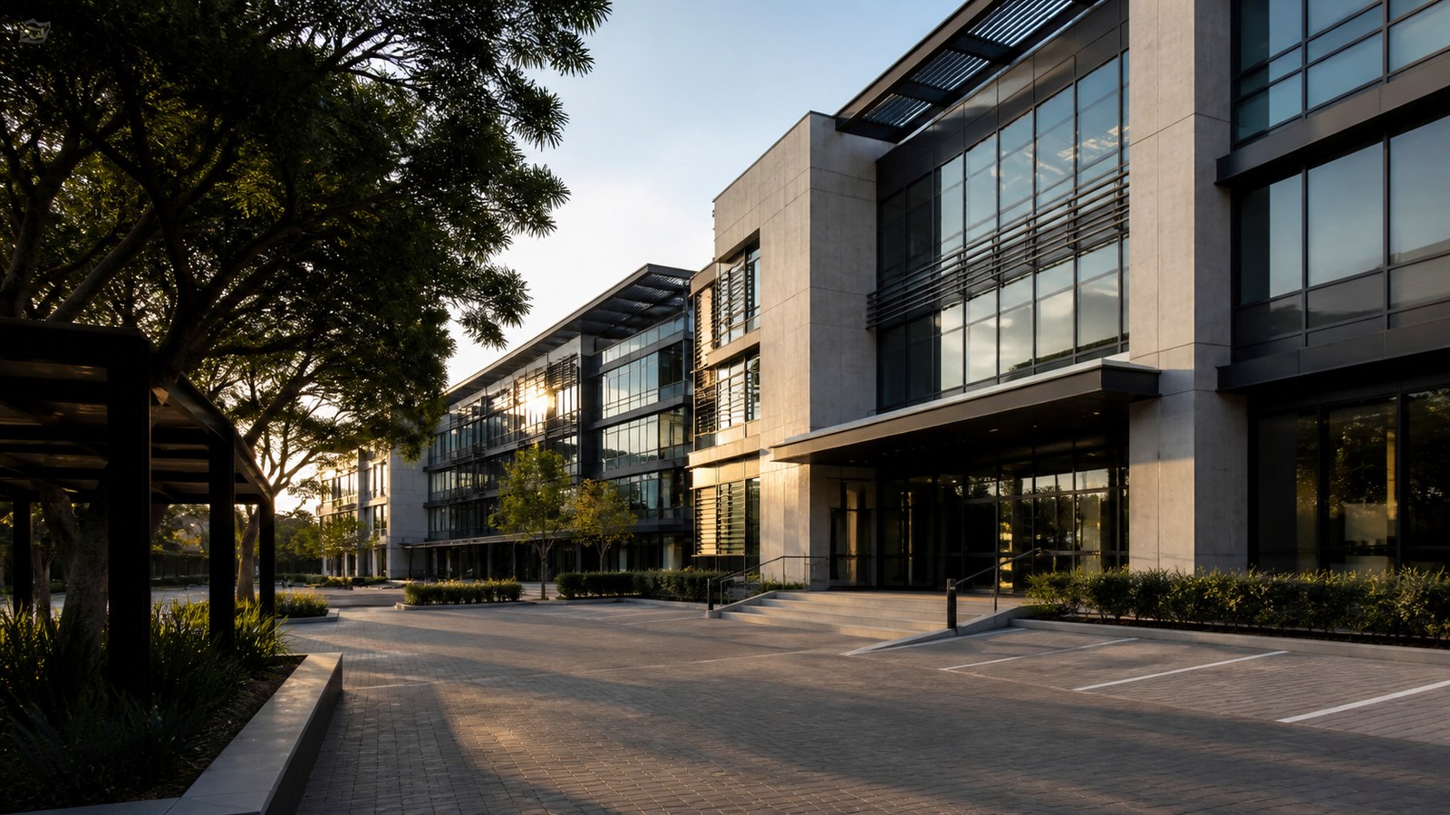 A contemporary commercial office park with several multi-storey office buildings.
