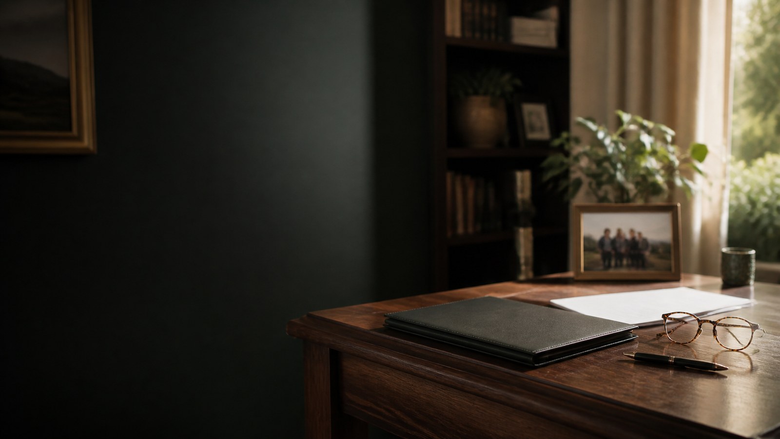 A quiet home study with an organised document folder, family photograph and warm natural light.