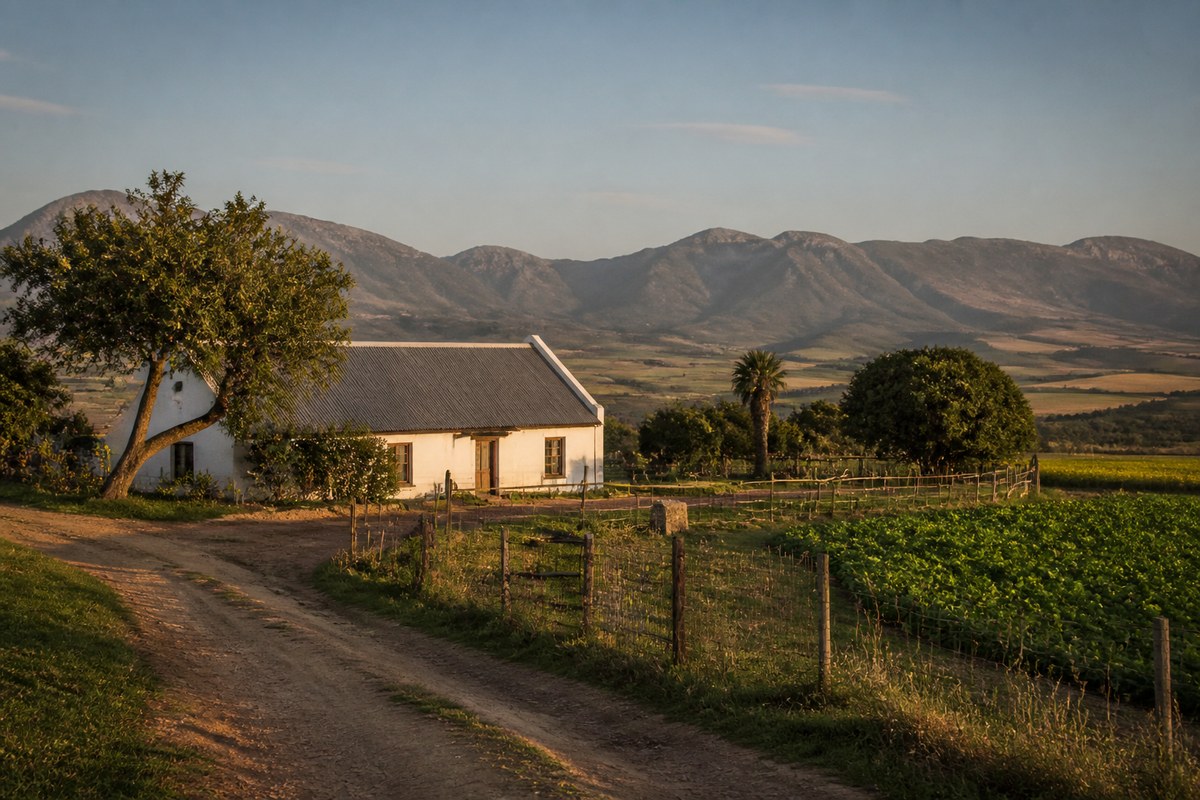 Rural Western Cape farmhouse, farm road and cultivated fields beneath low mountains.