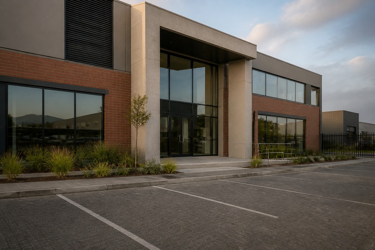 Modern unbranded commercial premises with a glass entrance and empty forecourt.