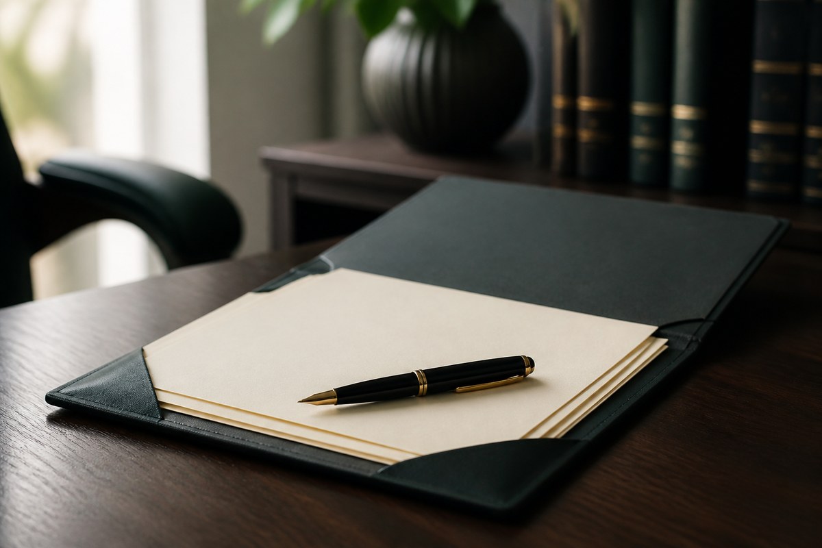 Professional office folder with blank documents and a fountain pen on a desk.